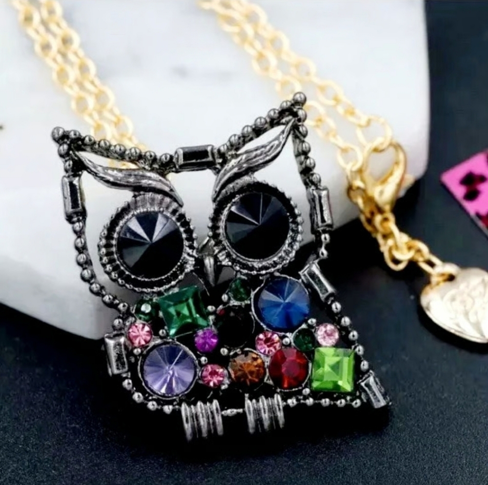 Silver Plated gold chain multicolor crystal owl necklace brooch